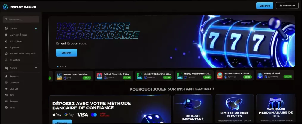 Instant Casino 180% jusqu'à 900 € + 220 tours gratuits